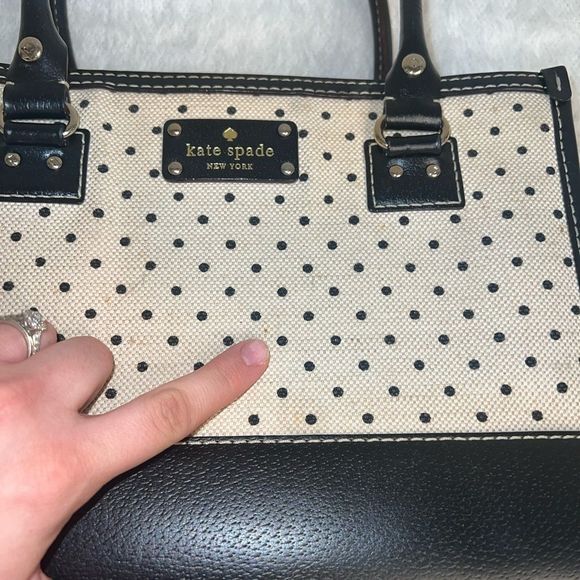 Kate spade Polka Dot Wellesley Quinn Black Khaki Canvas Leather Tote - Picture 4 of 16